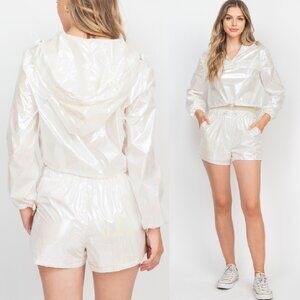 White Metallic Windbreaker Short Set Size S or L